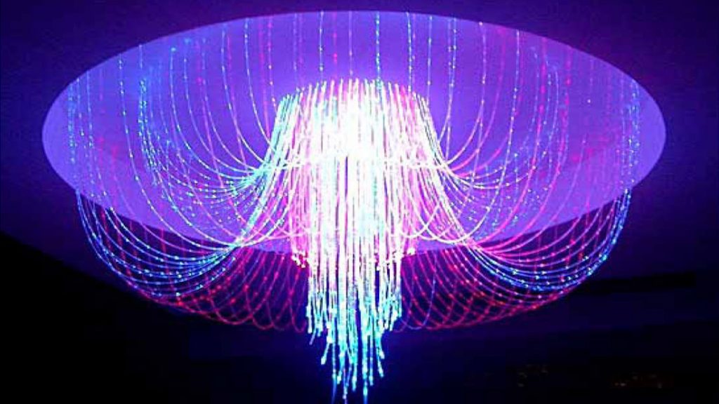 fiberoptic-1 - Laymance Lighting Custom fiber optic chandelier glowing purple and blue in a ceiling cove