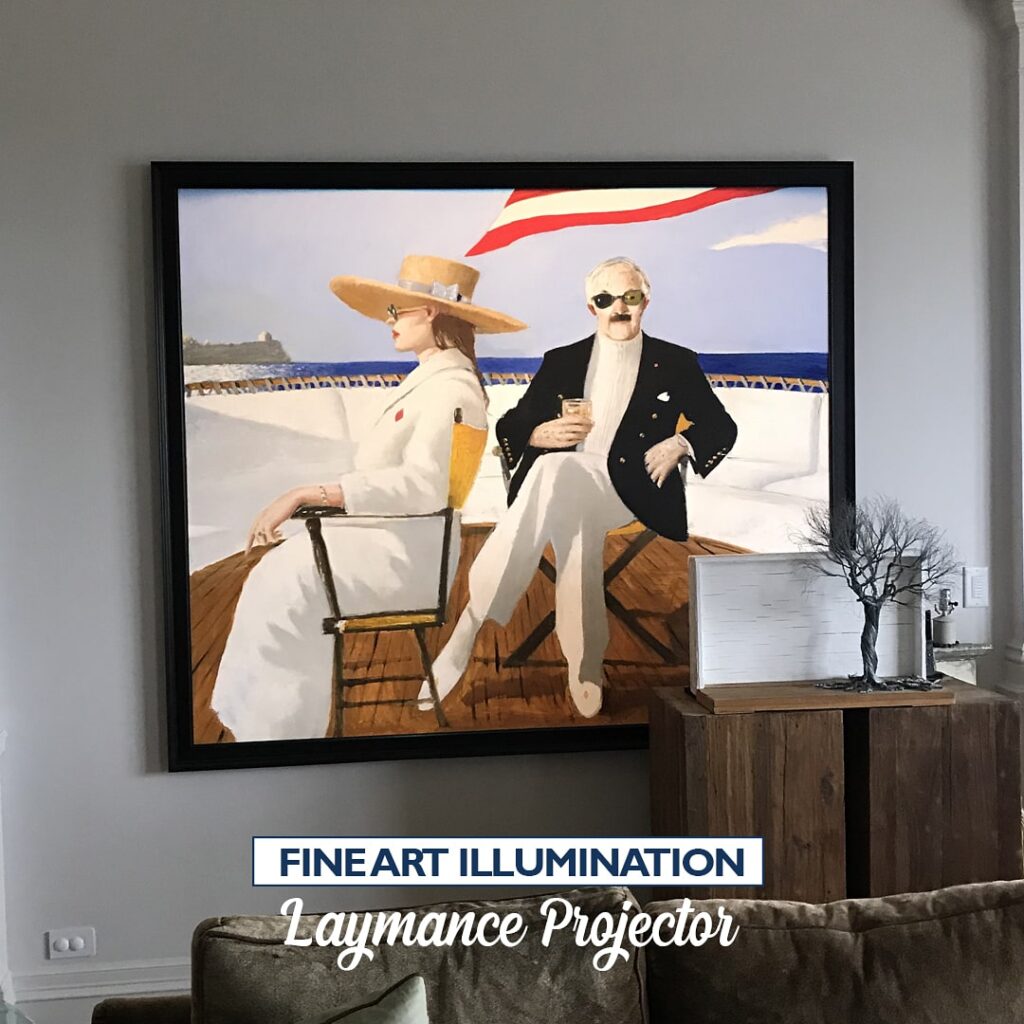Laymance framing projector lighting a large painting in a Houston living room, with the light shaped exactly to the frame